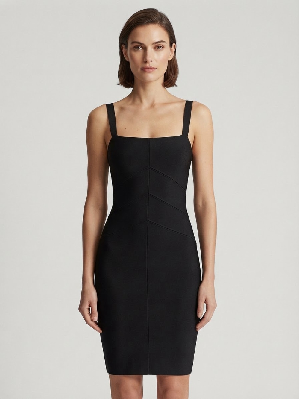 Barron Duquette Black Bandage Sleeveless Bodycon Dress Chevron Seam Sz8 Stretch
